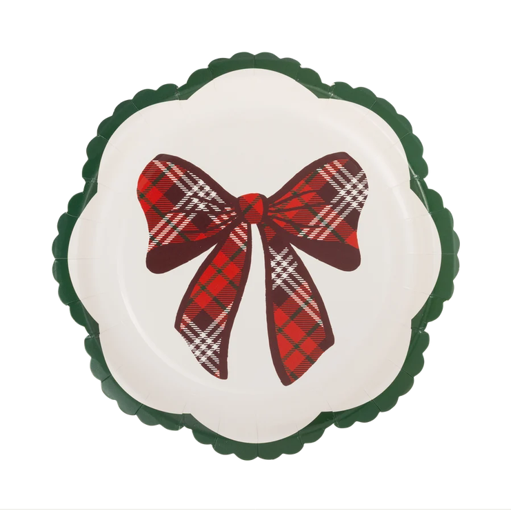 Plaid Bow Christmas Paper Salad Plates 8"