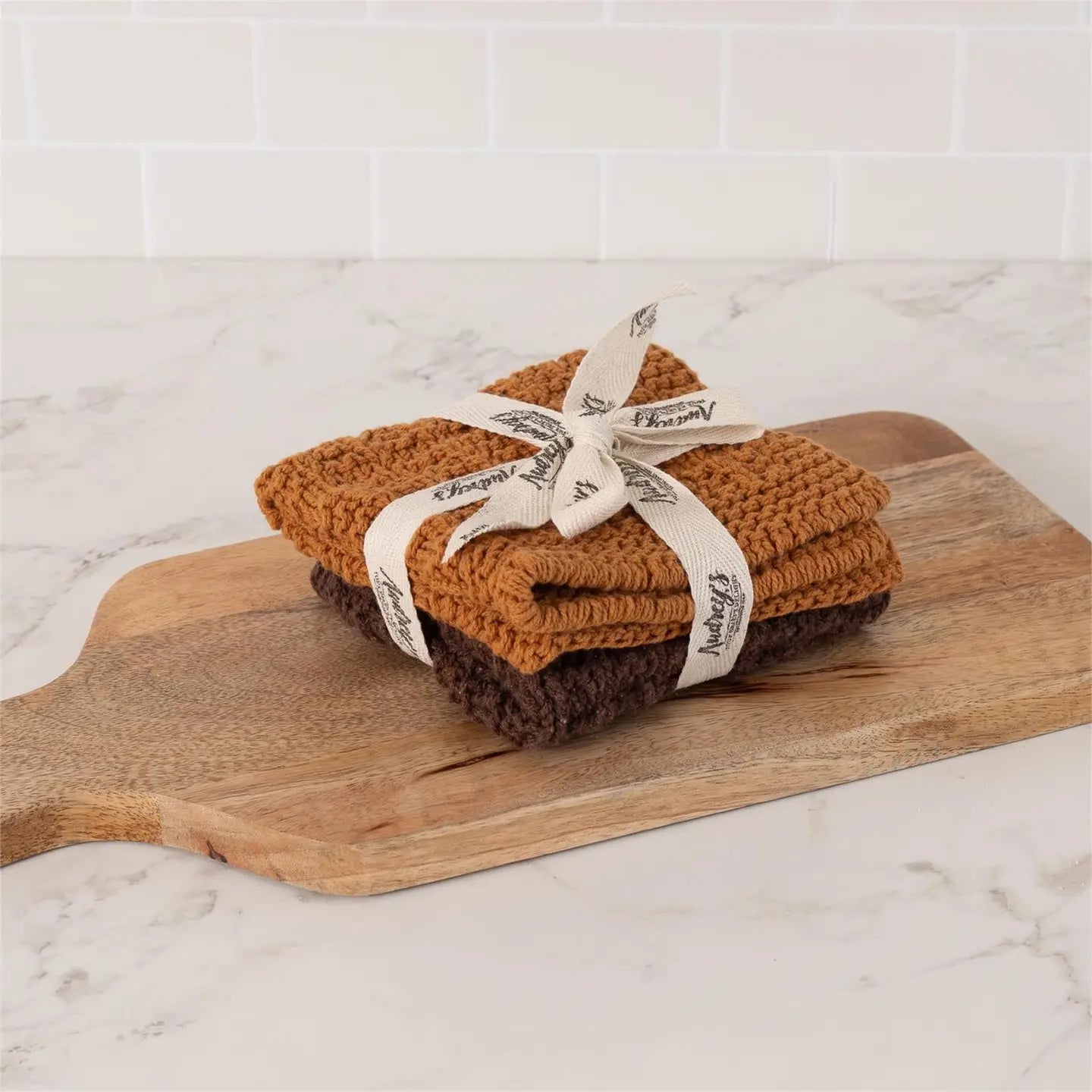 Knitted Dish Cloth Set - Ocher and Brown