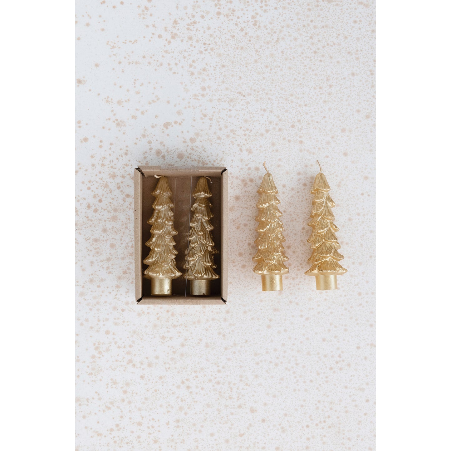 Unscented Tree Shaped Taper Candles w/ Gold Tips in Box, Set of 2 ~ 3 Colors to Choose From