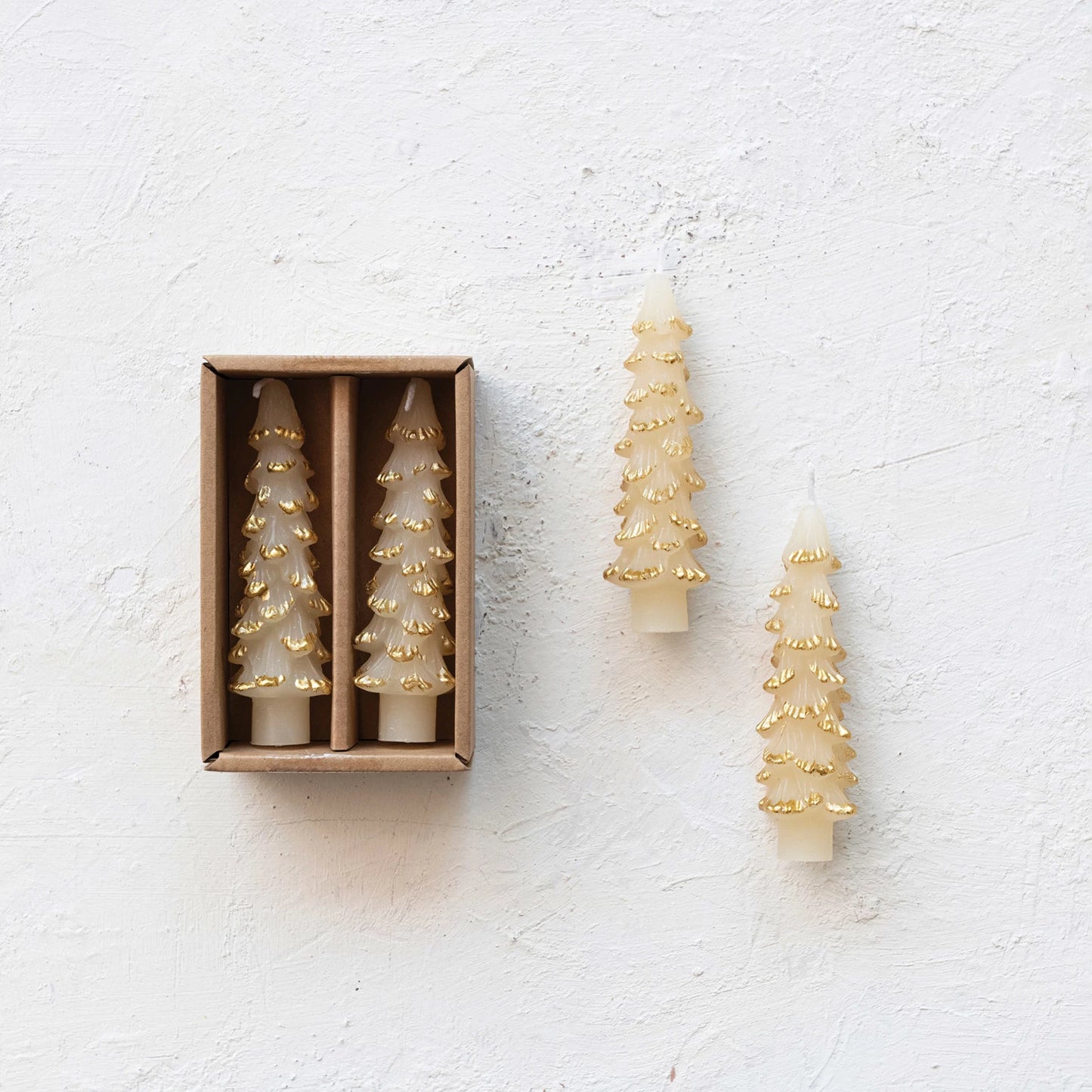 Unscented Tree Shaped Taper Candles w/ Gold Tips in Box, Set of 2 ~ 3 Colors to Choose From