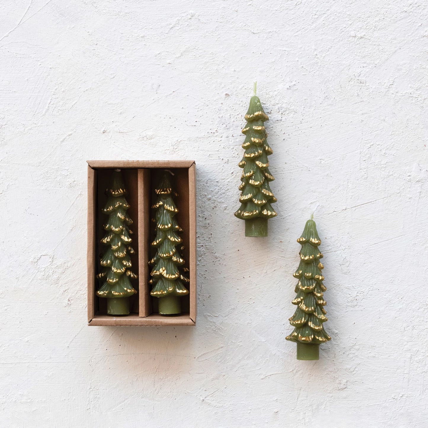 Unscented Tree Shaped Taper Candles w/ Gold Tips in Box, Set of 2 ~ 3 Colors to Choose From