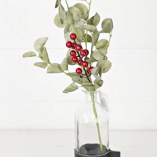 6in Pick-Holiday Silver Dollar Leaves W. Red Berries