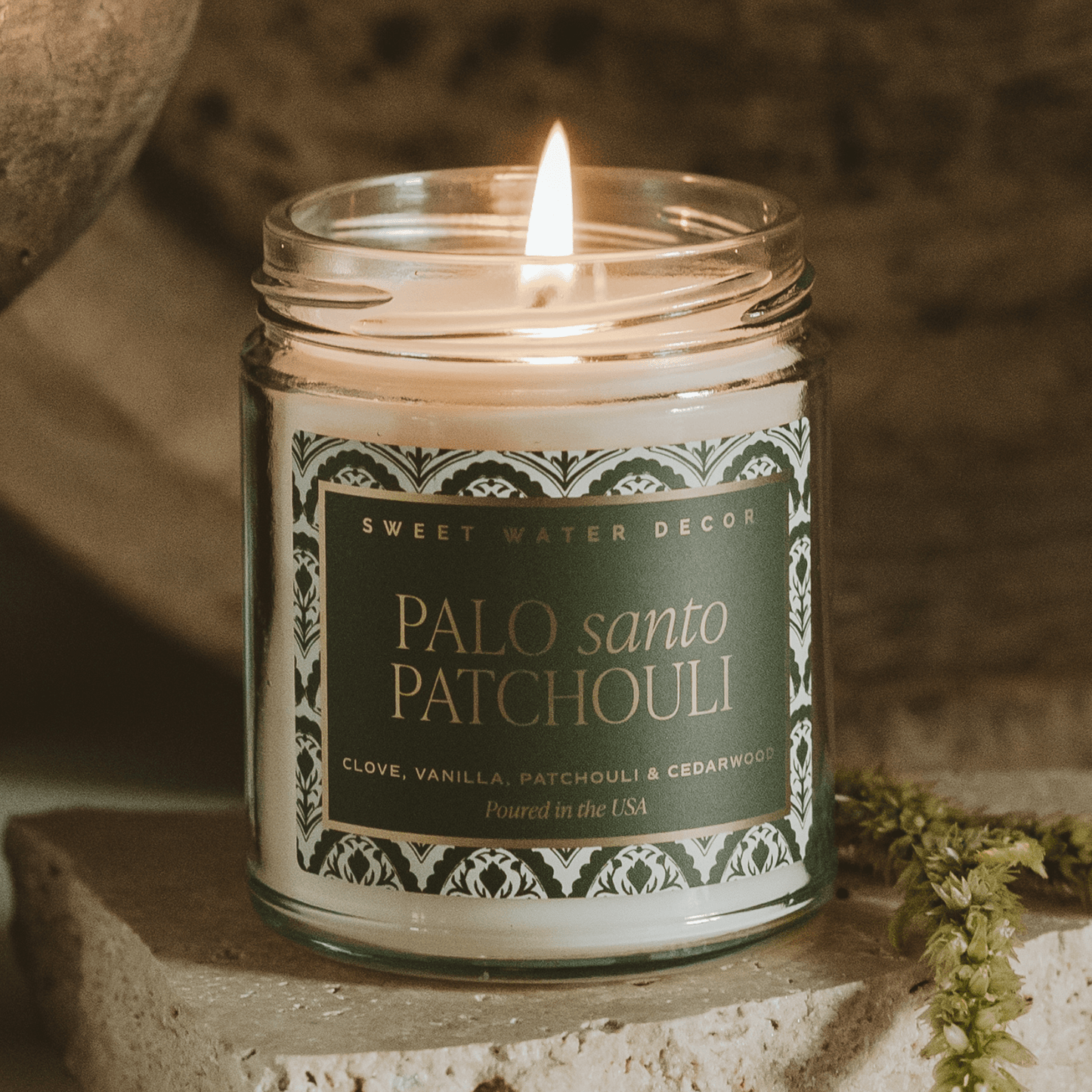 Palo Santo Patchouli Soy Candle - Clear Patterned Jar - 9 oz