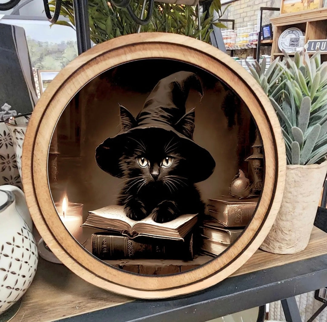 8" Round Halloween Cat Art
