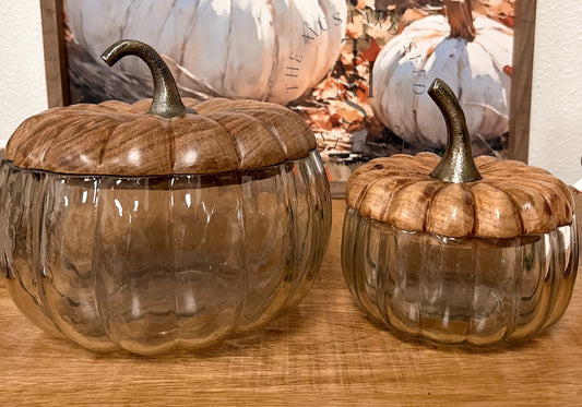 Glass Pumpkin Canister with Wood Lid ~ 2 Sizes to Choose From