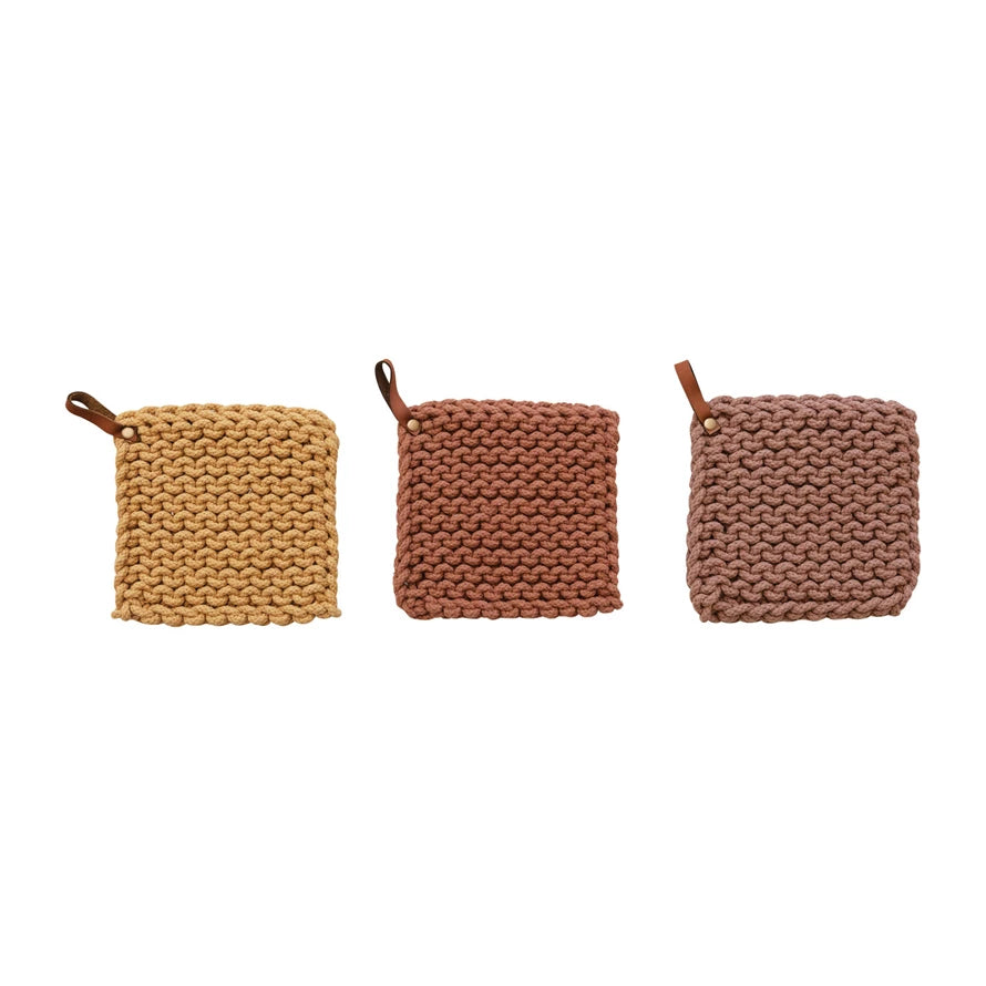 Cotton Crocheted Pot Holder w/ Leather Loop  ~ 3 Colors to Choose From