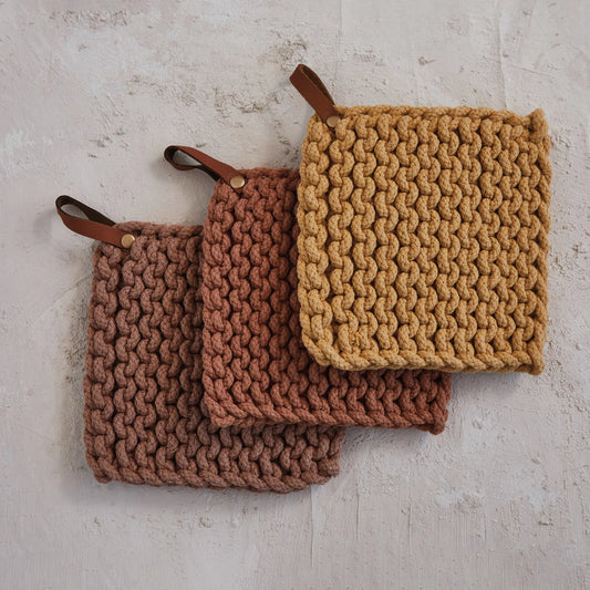 Cotton Crocheted Pot Holder w/ Leather Loop  ~ 3 Colors to Choose From