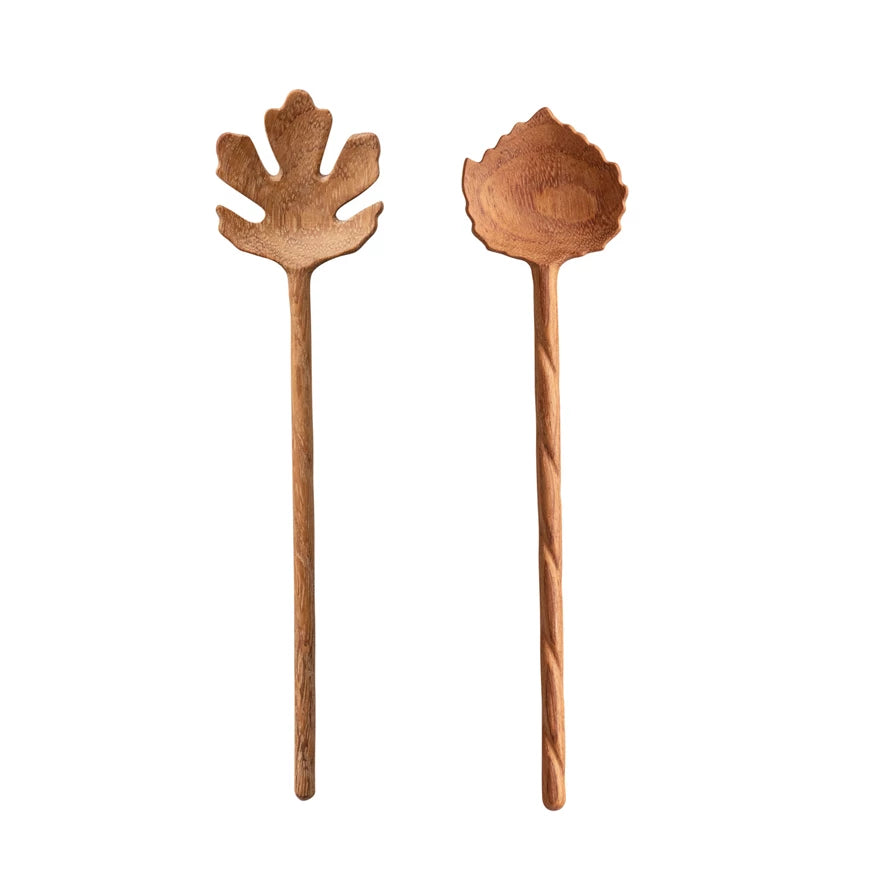 Carved Doussie Wood Leaf Shaped Salad Servers ~ Set of 2