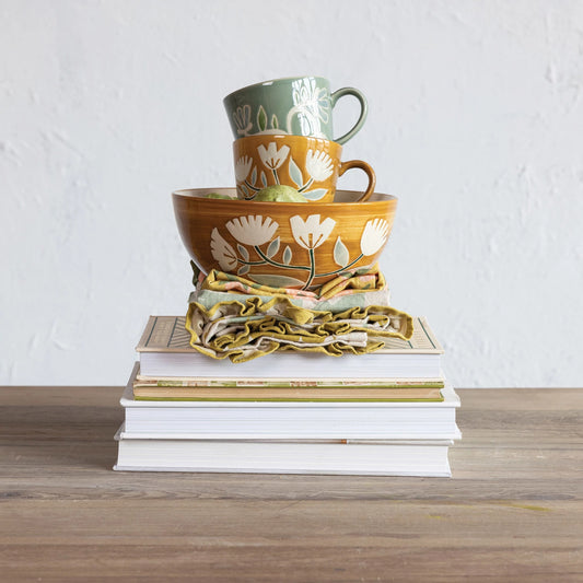 Hand-Painted Stoneware Bowl w/ Wax Relief Flowers