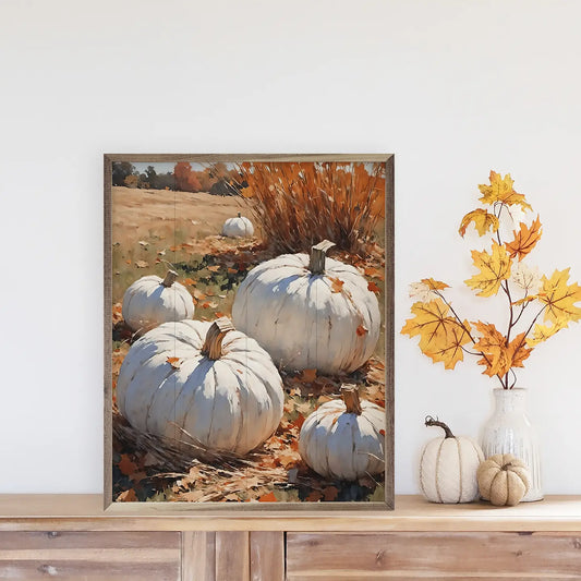 White Pumpkins On Leaves in Field