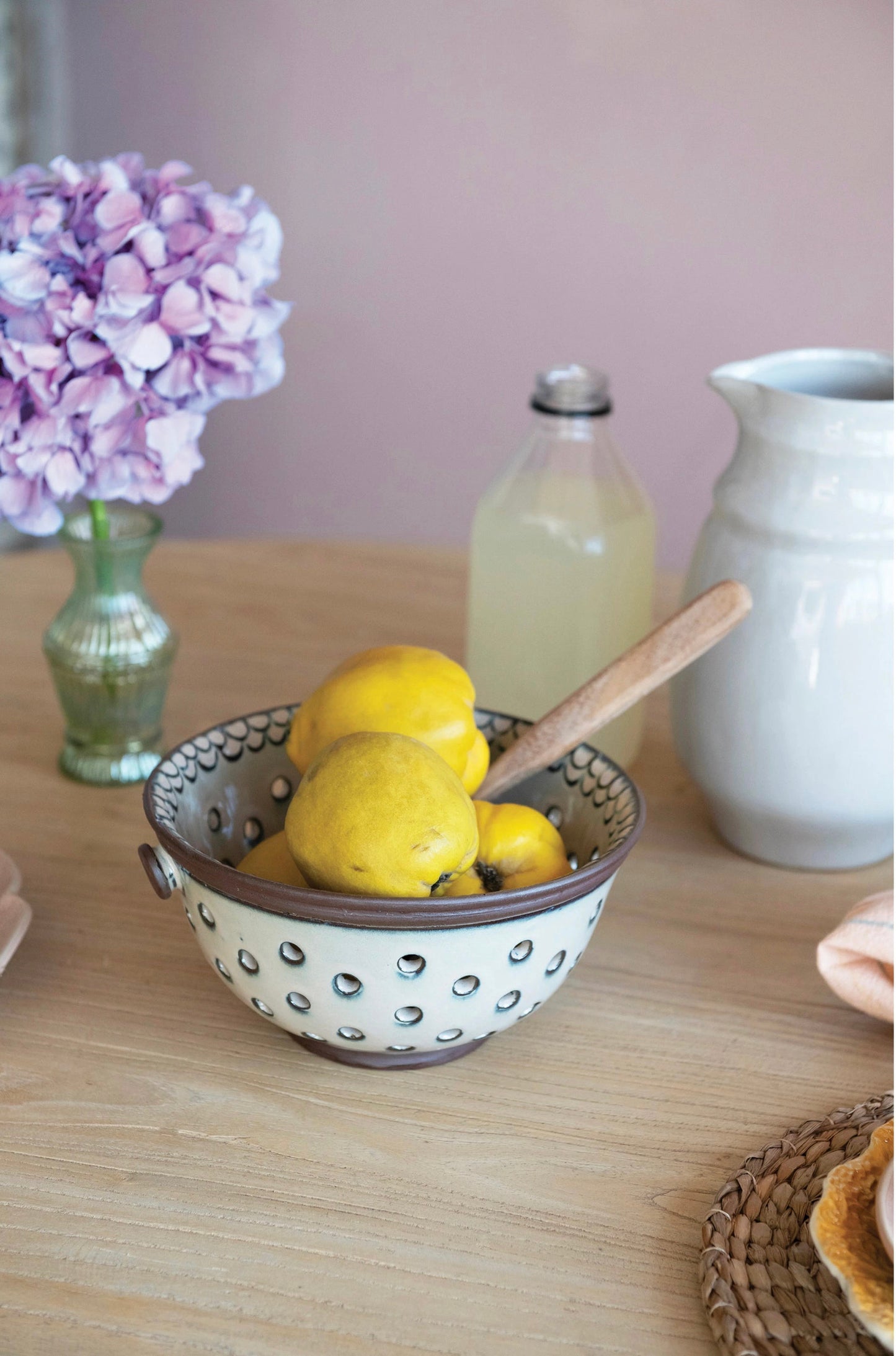 Stoneware Colander with Edge Detail, Reactive Glaze