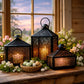 Decorative lanterns on a wooden surface with flowers and eggs in the background