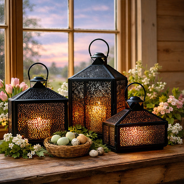 Decorative lanterns on a wooden surface with flowers and eggs in the background
