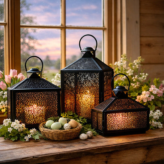 Decorative lanterns on a wooden surface with flowers and eggs in the background