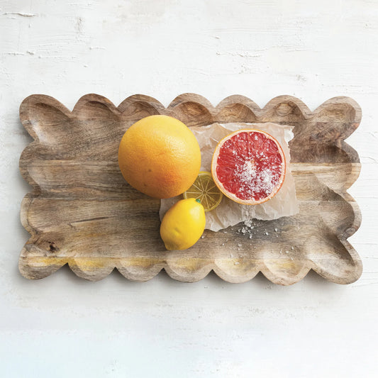 Mango Wood Tray w/ Scalloped Edge, Natural