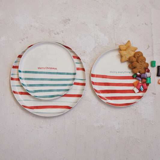 Hand-Painted Stoneware Plate w/ Stripes & Holiday Saying ~ 2 Styles to Choose From