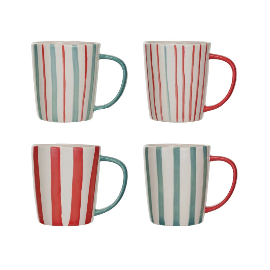 14 oz. Hand-Painted Stoneware Mug, Red, Aqua & Cream Color ~ 4 Styles to Choose From