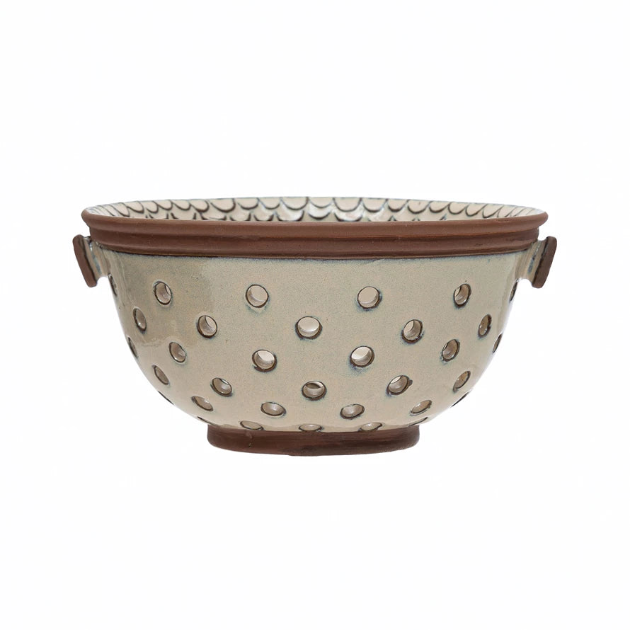 Stoneware Colander with Edge Detail, Reactive Glaze