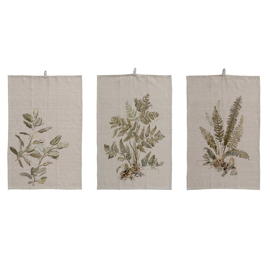 Cotton & Linen Printed Tea Towel with Botanical Image & Loop ~ 3 Styles