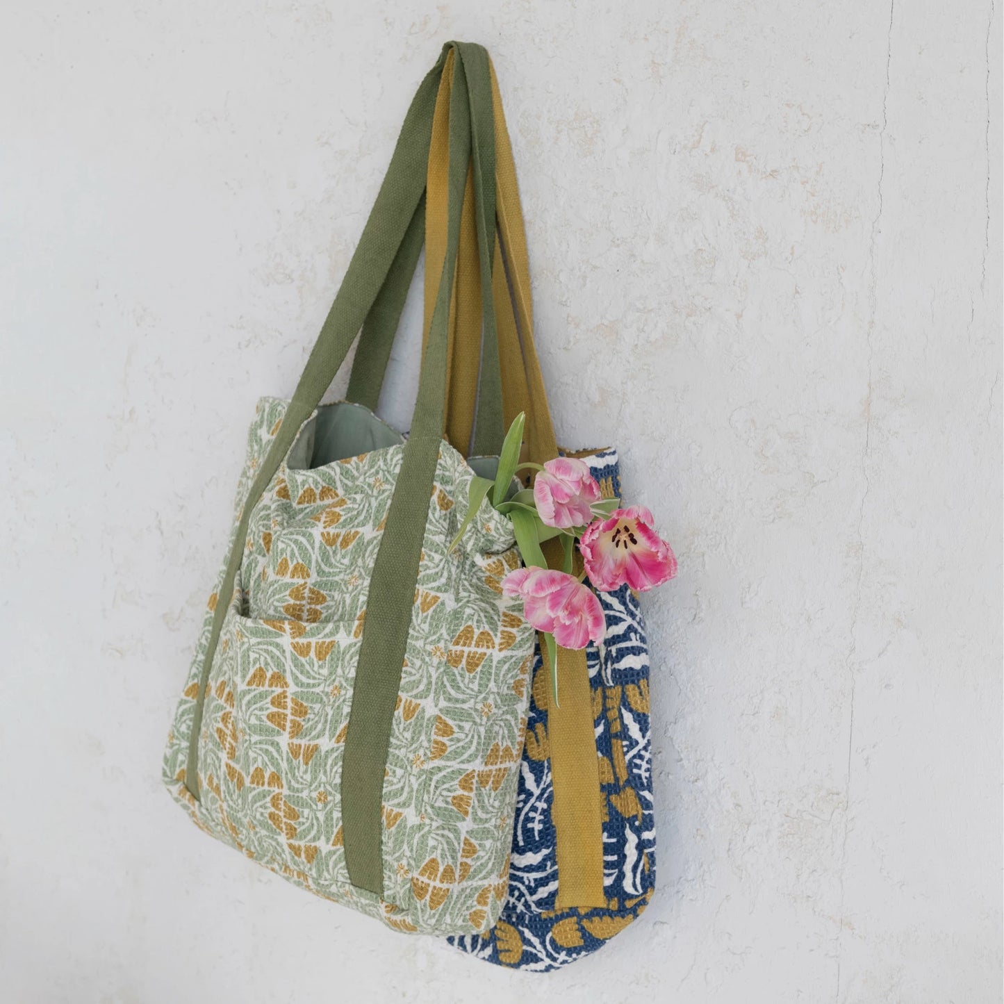 Cotton Printed Waffle Weave Tote Bag w/ Flowers & Pocket, 2 Styles